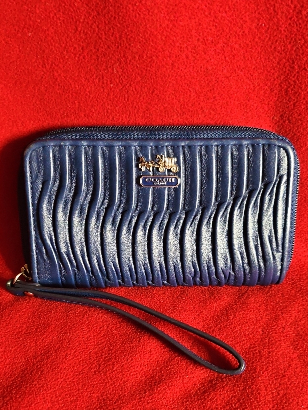 Coach Blue Gathered Leather Zip Wristlet with Gold Logo